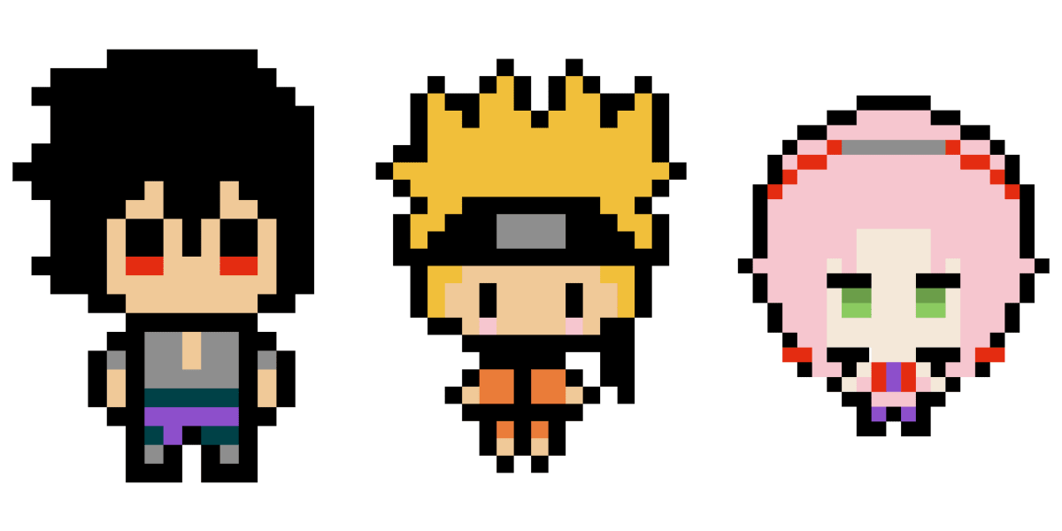 Pixel Art Naruto : Sasuke, Naruto, et Sakura à récréer - Tilipix